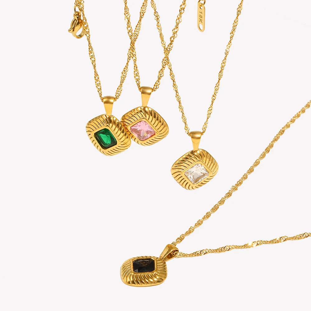E.B.belle Winter Autumn Fashion Square Texture Zircon Pendant Necklace Green Black White Pink Vintage Stainless Steel Necklace