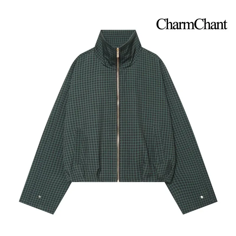 CHARMCHANT Architectural Plaid Cropped Jacket Women High Neck Zip Front Dolman Sleeve Structured Checkered Coat  Autumn