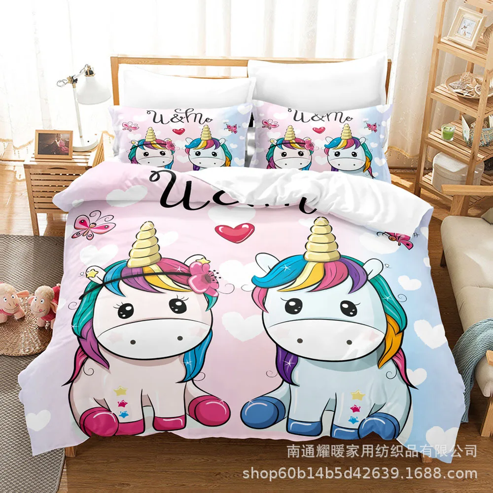 3D Digital Printed Brushed Bedding  2-piece Set, Cartoon Unicorn Bed Sheet, Bedsheet, Pillow