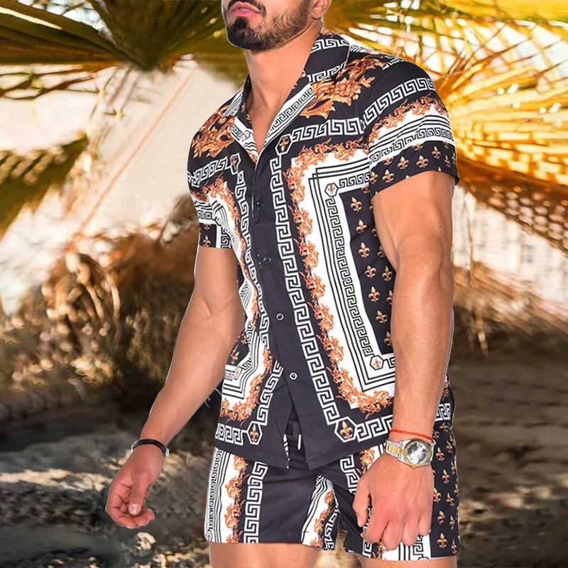 Fashion Men's two-piece set Summer explosive Men's beach printed shirt set Fashion Trend loose casual short-sleeve And shorts