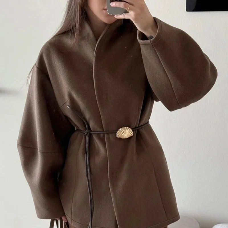 Giacca da strada da donna quotidiana per pendolarismo autunnale Cappotto di lana solido da donna chic Elegante cravatta in vita a maniche lunghe Abito ampio alla moda