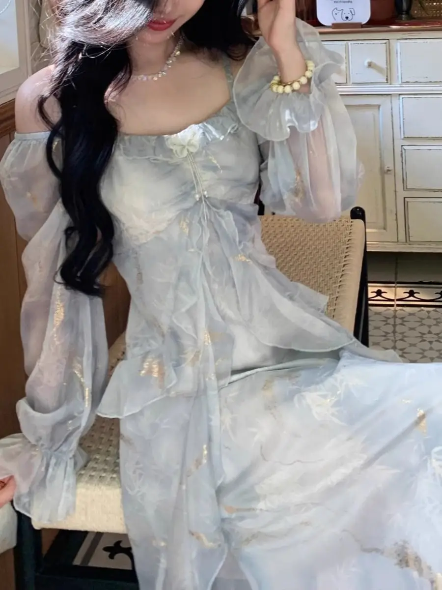 Vestido Feminino de Manga Longa com Decote Quadrado em Cinza Claro, Vestido Maxi com Renda em Camadas e Brilho, Vestido Casual de Chiffon Transparente