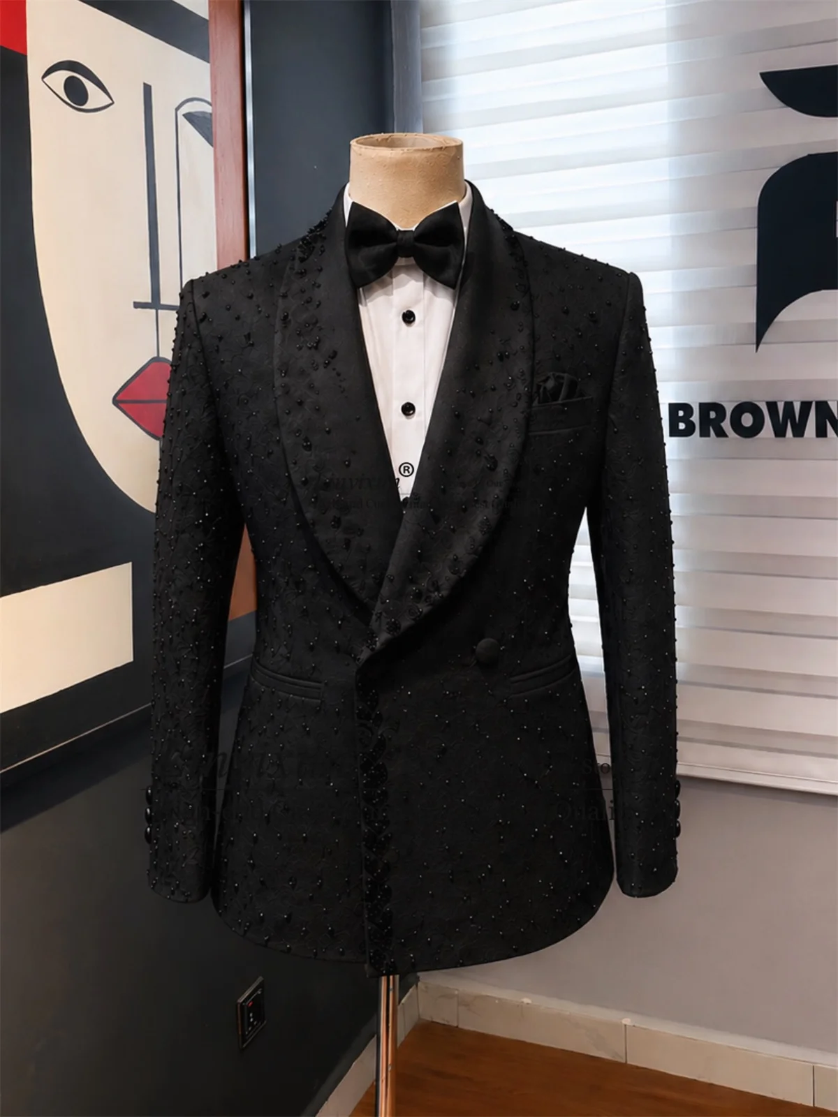 Sparkly Embroidered Beaded Tuxedo Men Suit Customized Slim Groom Party Male Blazers 2 Piece Set Wedding Jacquard Party Clothes