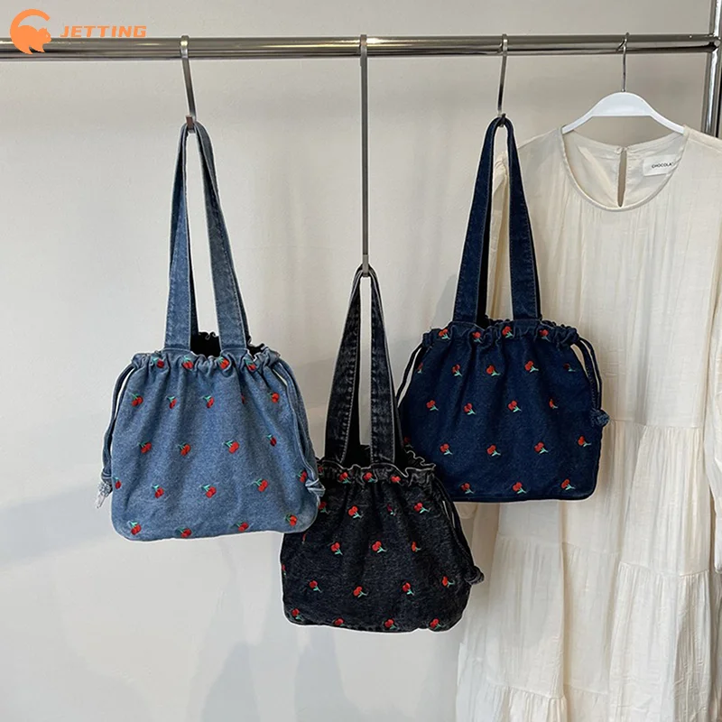 1PCS Floral Bucket Bag Trendy Large Capacity Shoulder Bag Tote Bag Denim Handbag Ladies Portable Shopping Bags