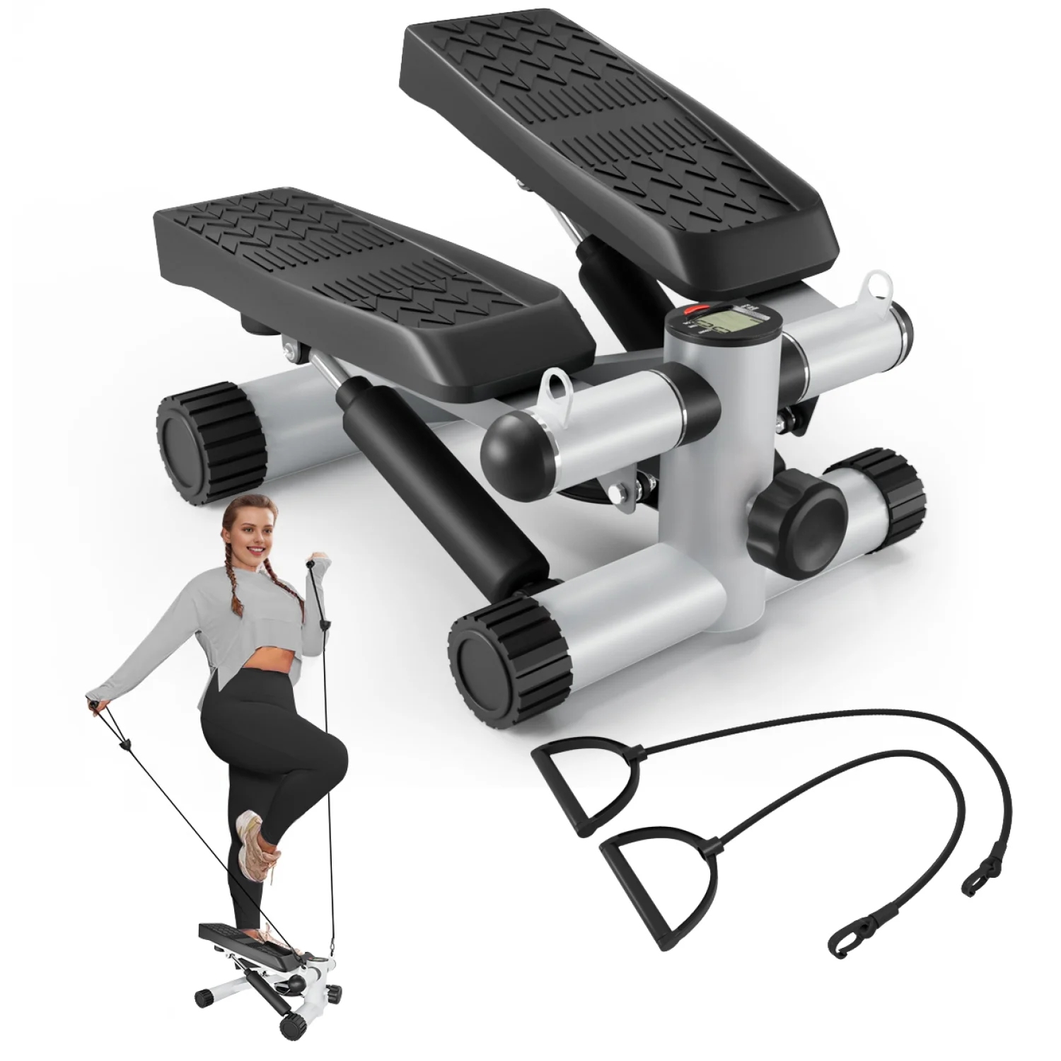 Steppers for Exercise, Stair Stepper with Resistance Bands, Mini Stepper with 330LBS Loading Capacity, Hydraulic Fitness Stepper