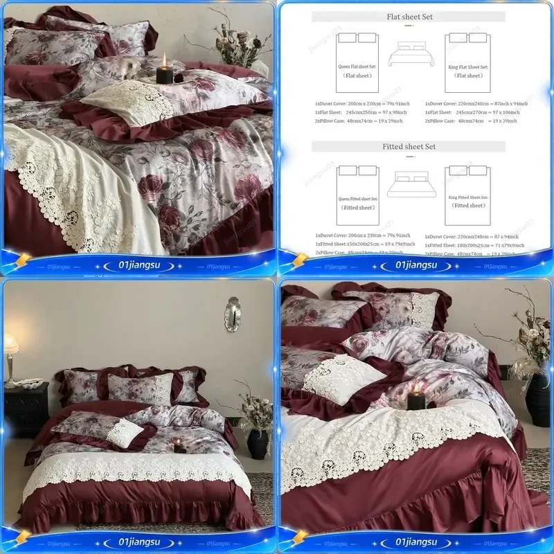 Vintage French Style Rose Print Lace Ruffle Bedding Set 1000TC Egyptian Cotton Duvet Cover Flat Fitted Sheet Pillowcase 4Pcs