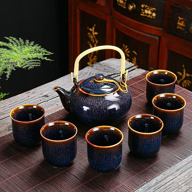 Creative Kiln Transformed Lifting Beam Teapot Tea Set Kiln Transformed Brushed Glaze Kung Fu Tea Set Large Teapot Large Cup