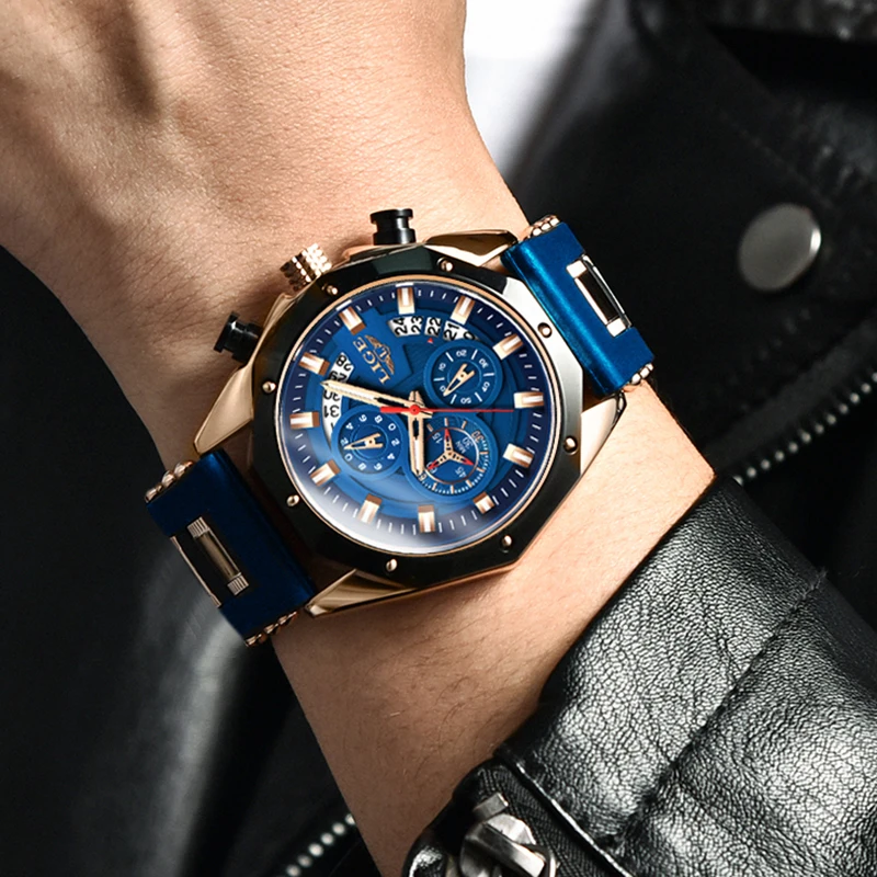 LIGE Silicone Strap Sport Watches for Men Fashion Casual Waterproof Luminous Chronograph Luxury Quartz Man Watch Date Clocks+Box