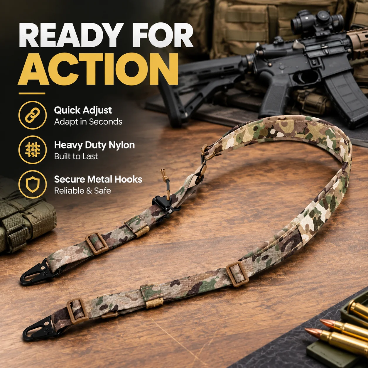 Tactical Shoulder Sling for Rifle, Heavy Duty Nylon Gun Sling with Metal Snap Hook, Quick Adjust Bungee Sling for Shooting,