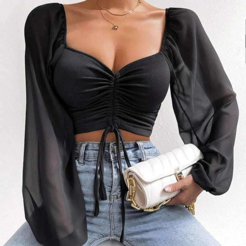 Sexy Mesh Lantern Sleeves Drawstring Wrap Chest Bare Midriff T Shirt Women Long Sleeves Bottoming Shirt Ladies Tee Shirt Tops