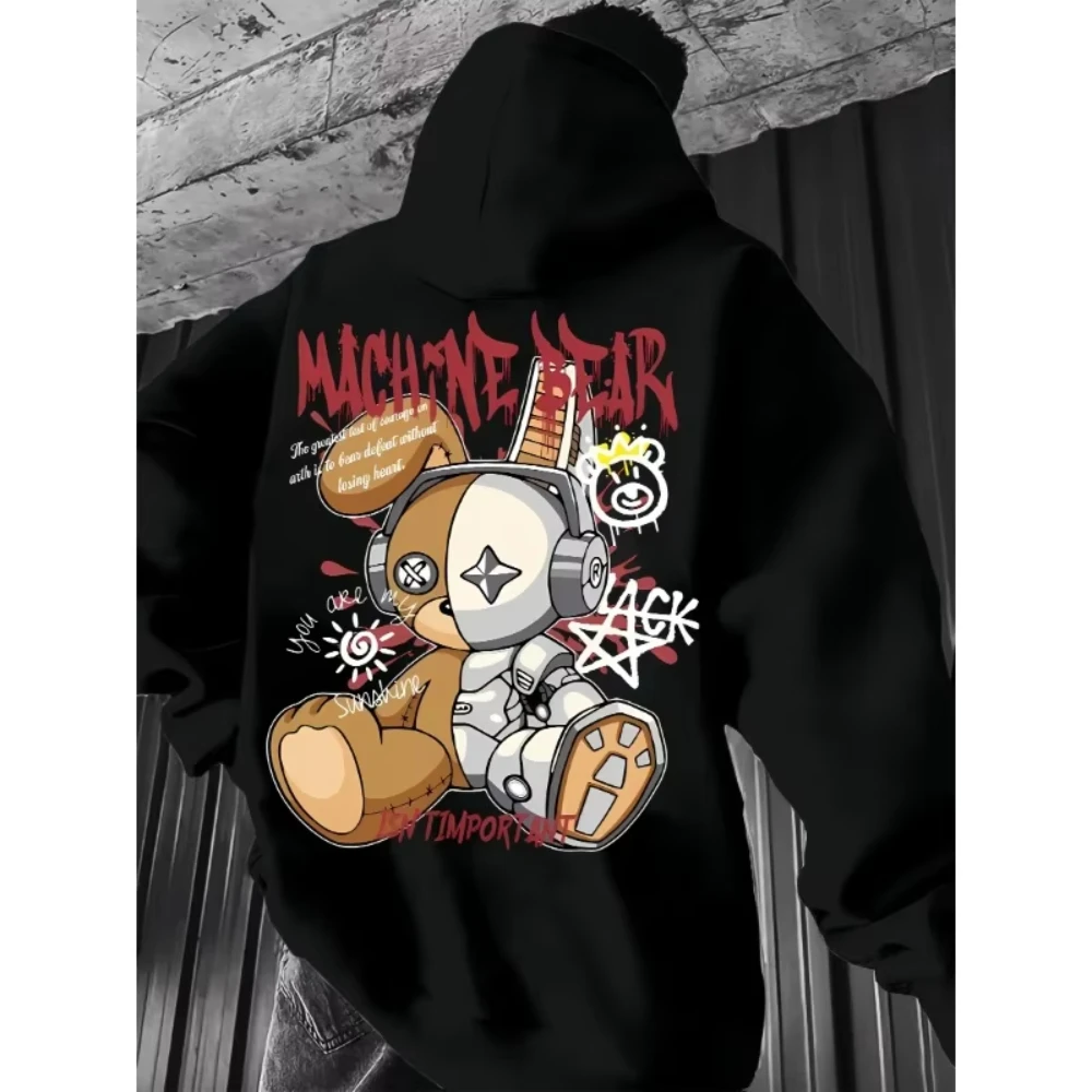 2026 Cyber Punk Street Oversized Hoodie Mechanical Bear Cartoon Print Pullover Sweatshirt Urban Graffiti Art Graphic Hoodie