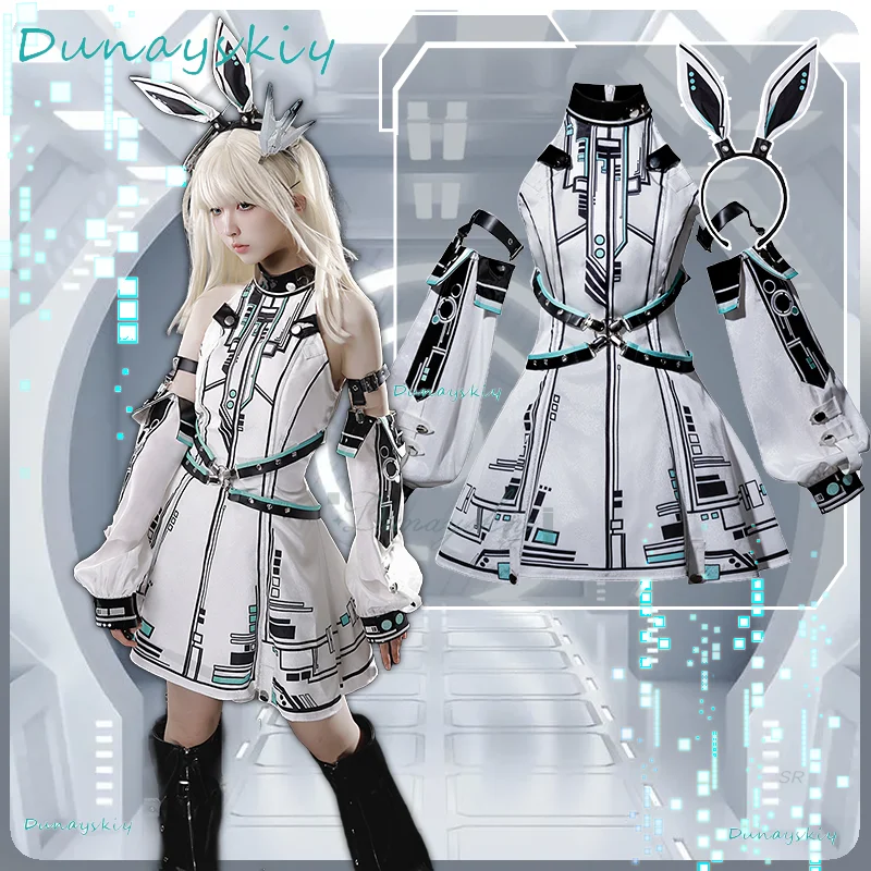

Белое платье Лолиты в стиле киберпанк, одежда для научной фантастики, комплект платьев для девочек с кроличьими ушками, повязка для волос на Хэллоуин