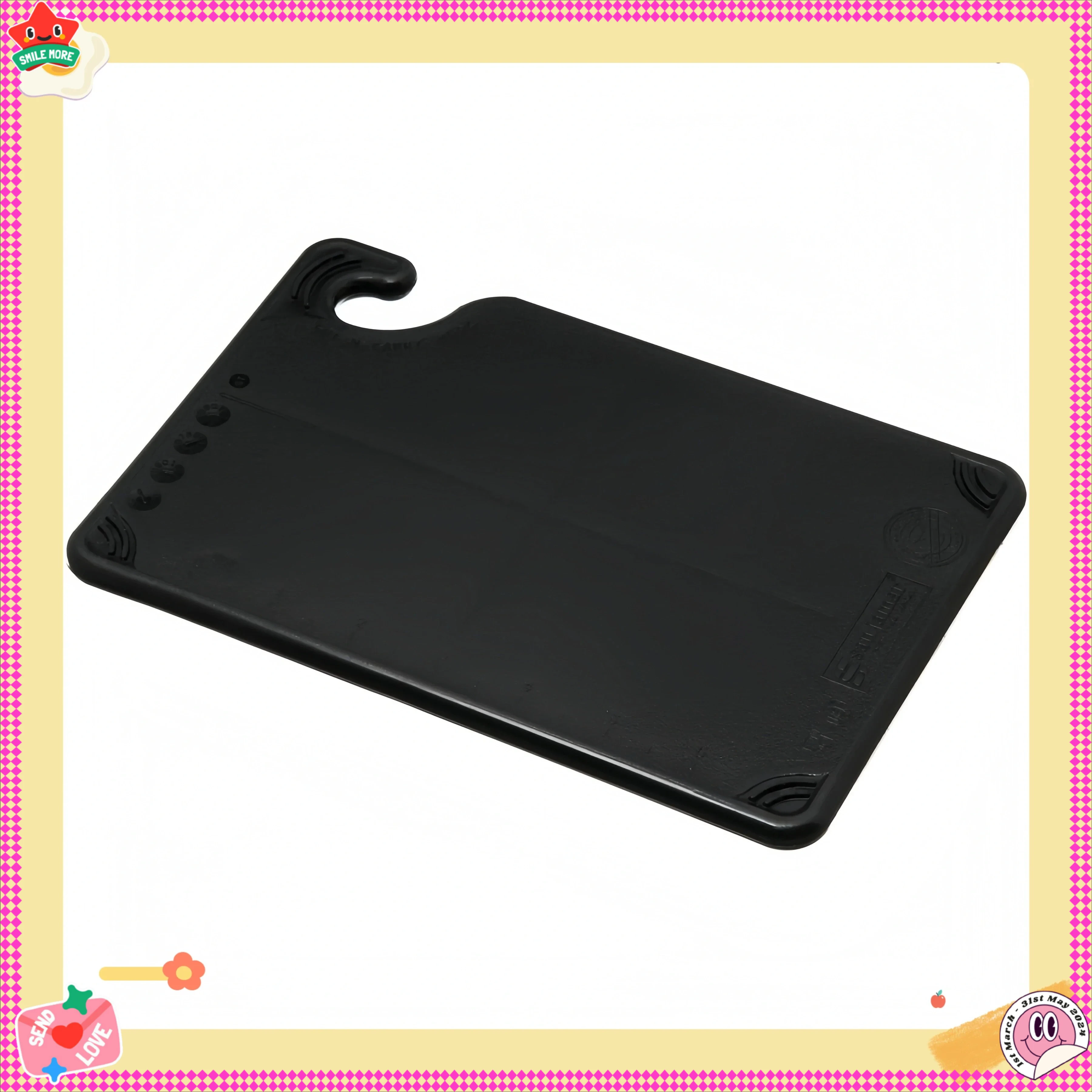 

Plastic cutting board with safety hook, durable copolymer construction provides excellent heat resistance