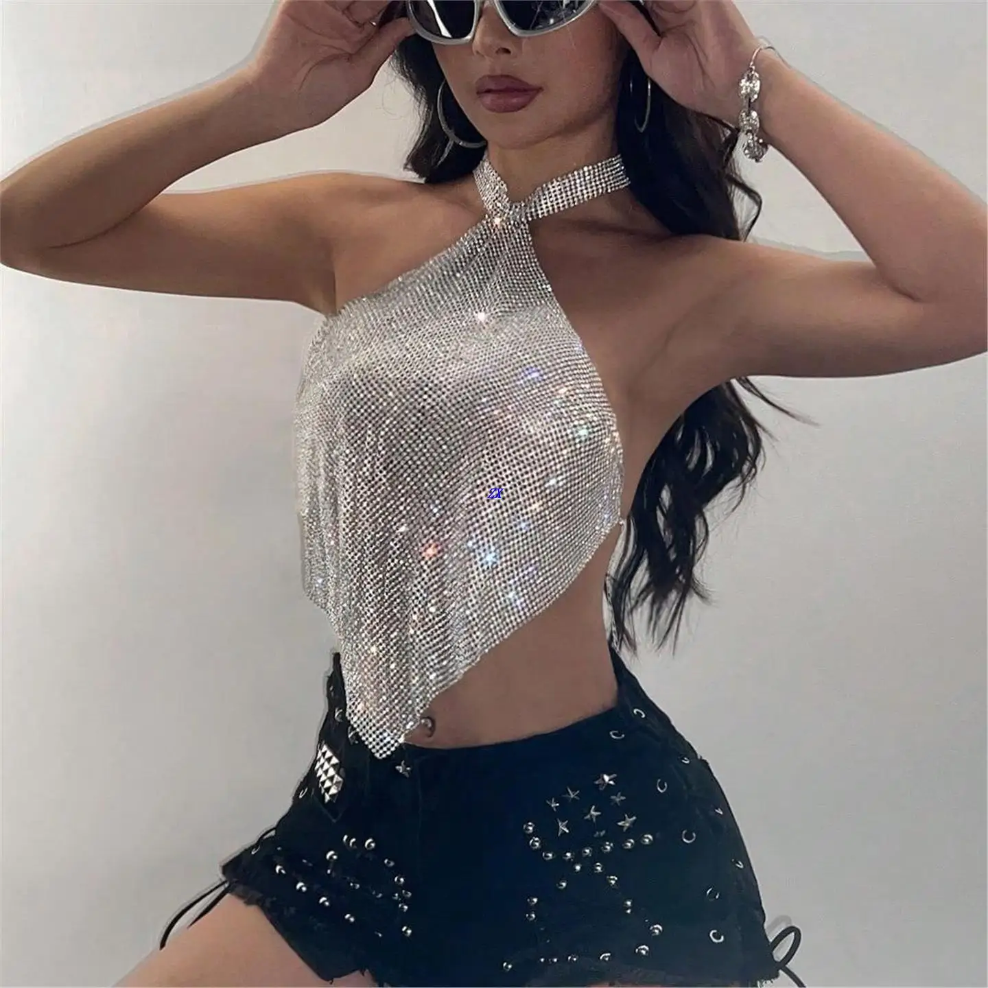 

Sexy Metal Diamond Embellied ter Ne Music Festival Top Women's Strap Vest Cleanfit ort Length A-Line Design