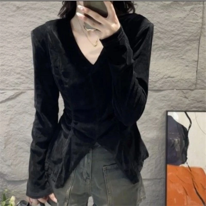 

New Long Sleeve Slit Hem Irregular Vintage Tops Women Clothing Spring Autumn Solid All-match Elegant T Shirts Fashion Casual