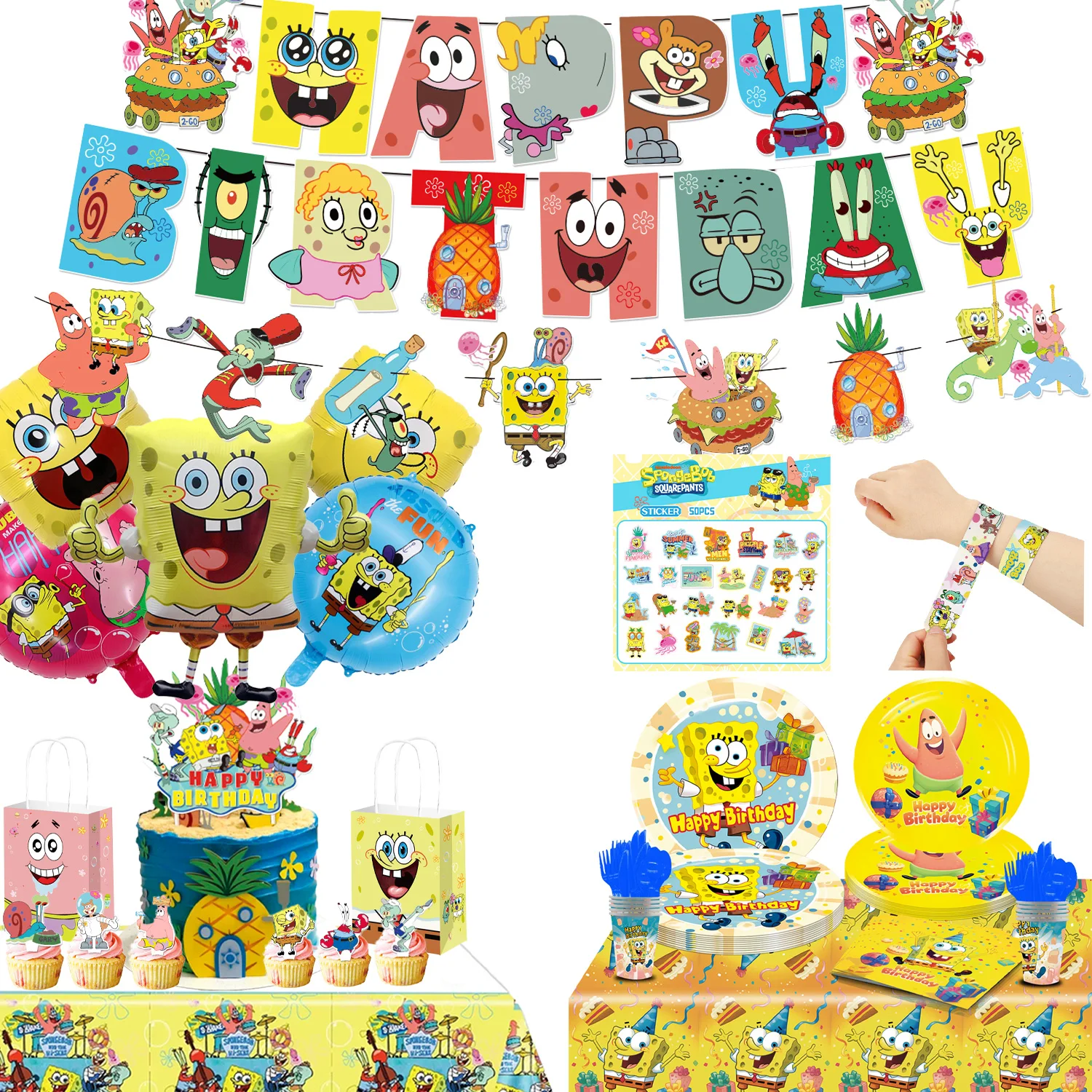 

Spongebob SquarePants Themed Party Supplies Cutlery Plates Tablecloth Balloons Happy Birthday Banner Party Favors Baby Shower