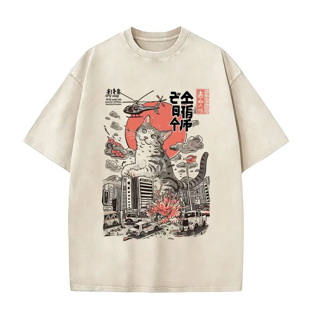 Funny Japanese Cat Washed Vintage T-shirt Men Women Casual Humor Short Sleeve T-shirts Unisex High Quality T Shirts Streetwear