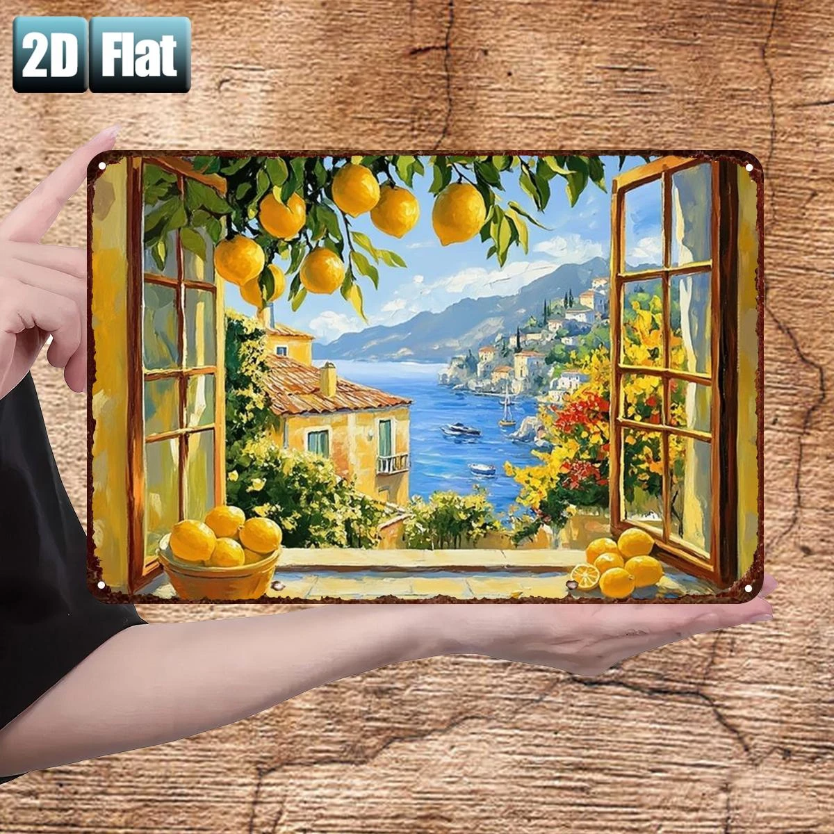 2D Flat, 2D Flat 1pc,A Serene View of a Mediterranean Village Through an Open Window with Oranges,metal Iron Sign,size(8