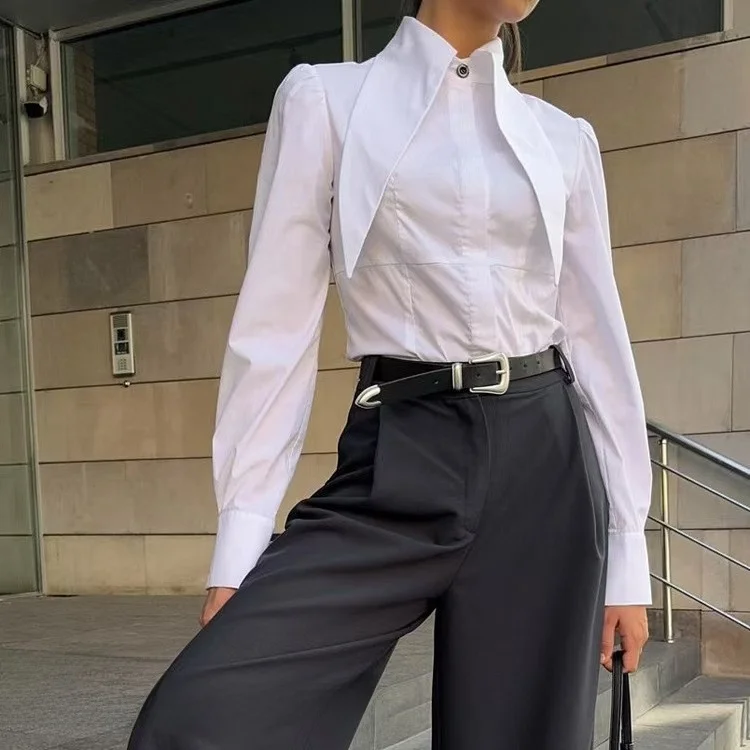 

Faionable White irt Long Sve Turn-down Collar Breathable Women's Straight-cut French Sle Polyester Casual Top