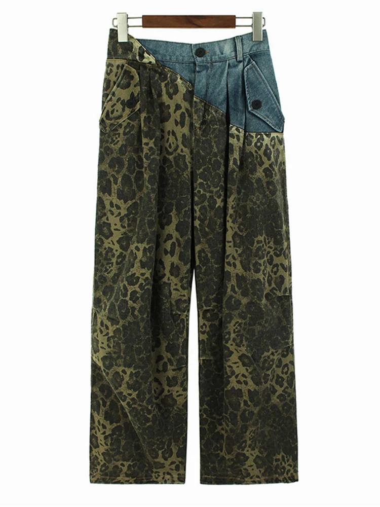 [EAM] High Elastic Waist Green Leopard Print Denim Long Wide Leg Pants New Trousers Women Fashion Spring Autumn 2024 1DH6193