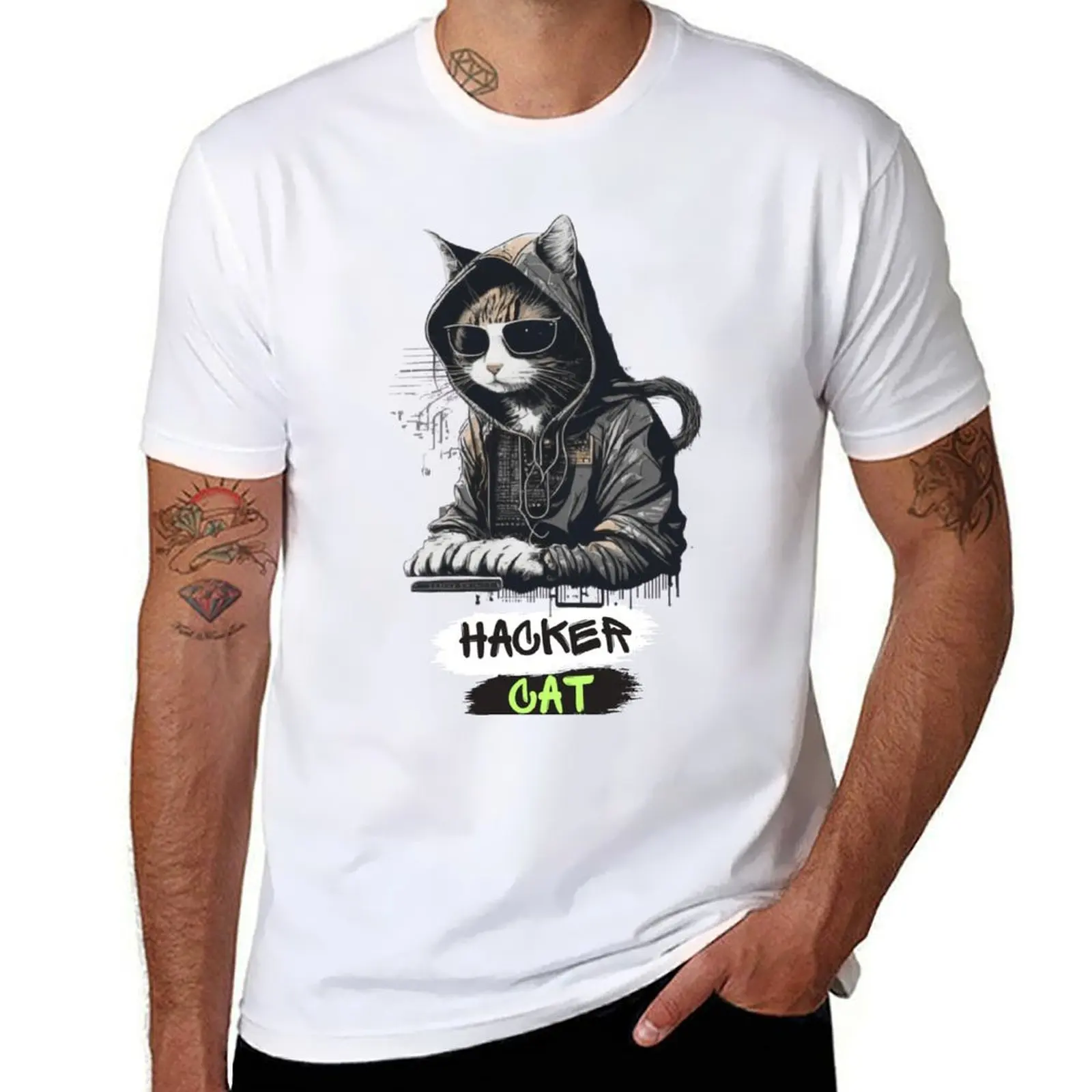 

hacker cat T-Shirt t shirt man cotton black cotton t-shirt plain for man package T-Shirt
