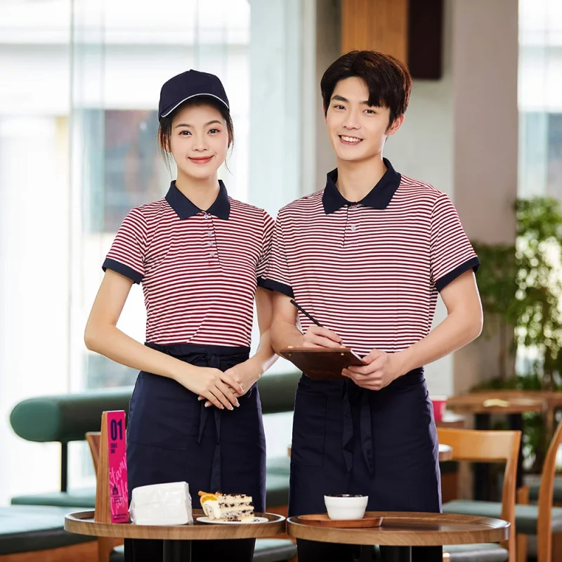 

Waiter Workwear Short-Sleeved Summer Clothes Women's Catering BBQ Hot Pot Milk Tea Restaurant Supermarket Staff Suit T-shirt Cus