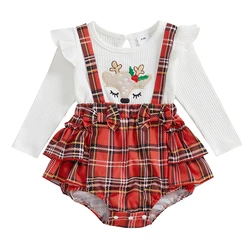 Baby Girls Christmas Romper Dress Reindeer Embroidered Plaid Ruffled Trim Ribbed Long Sleeve Jumpsuits