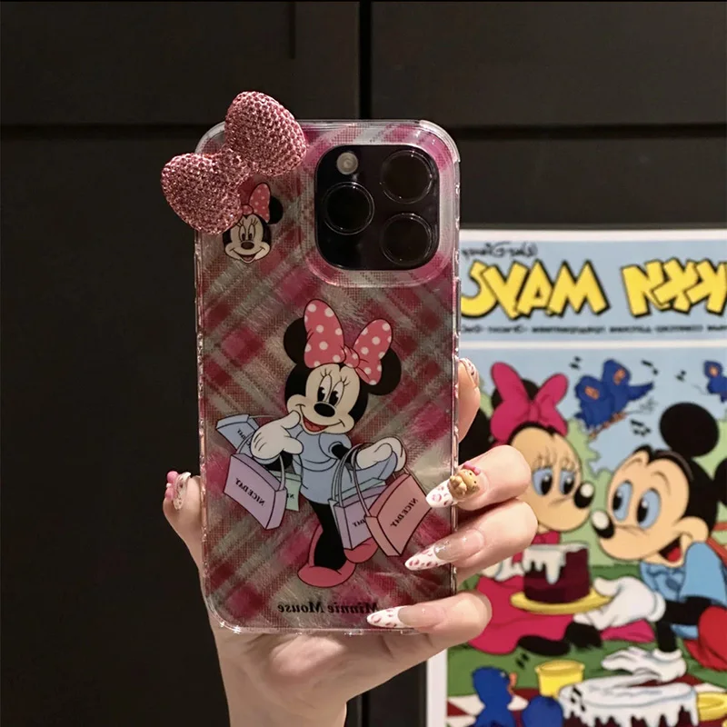 For iPhone 7 8 SE X XS XR 16 15 14 Plus 13 Mini 12 Pro Max 11 Minnie Daisy Blink Diamond Bowknot Lustre Lining Hard Phone Case