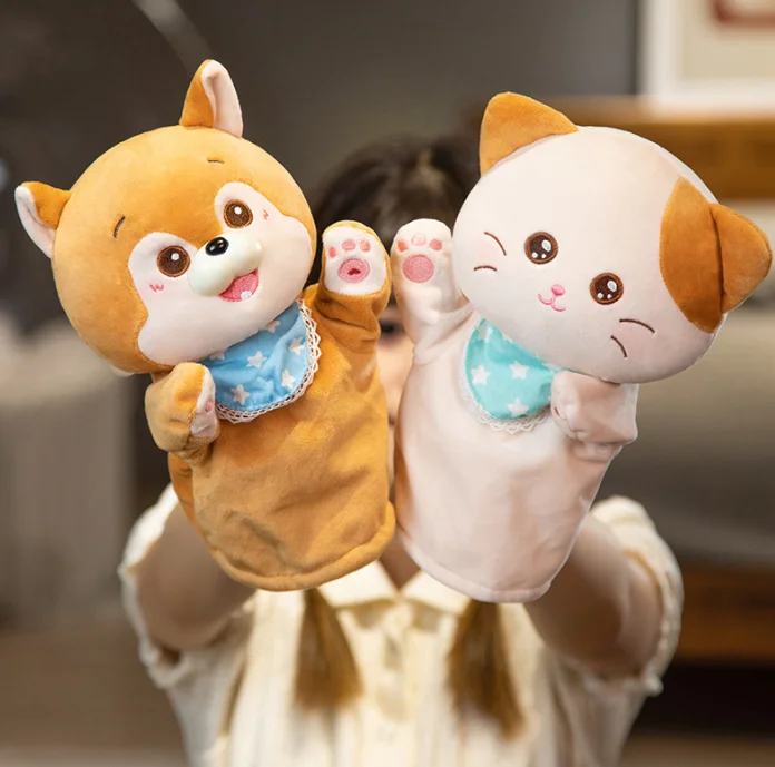 Animais de pelúcia brinquedos mão dedo história fantoche kawaii bonecas brinquedos educativos do bebê gato shiba inu panda veado crianças presente