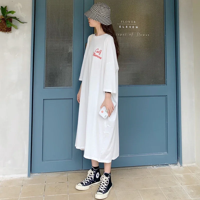 DAYIFUN-Women Loose Fitting Oversized T-Shirt Dress Three Quarter Sleeve Female Clothes Straight Dresses Korean Fashion Harajuku