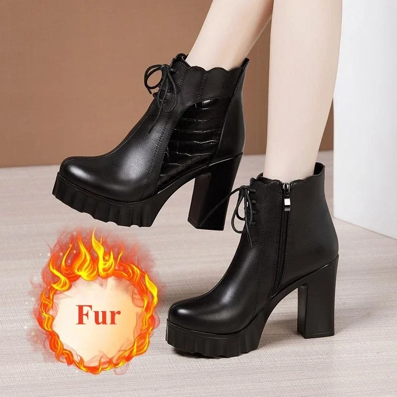 British 10cm Small Size 32-43 Thick Bottom Platform Boots Leather Shoes 2023 Winter Block High Heels Ankle Boots Model Office