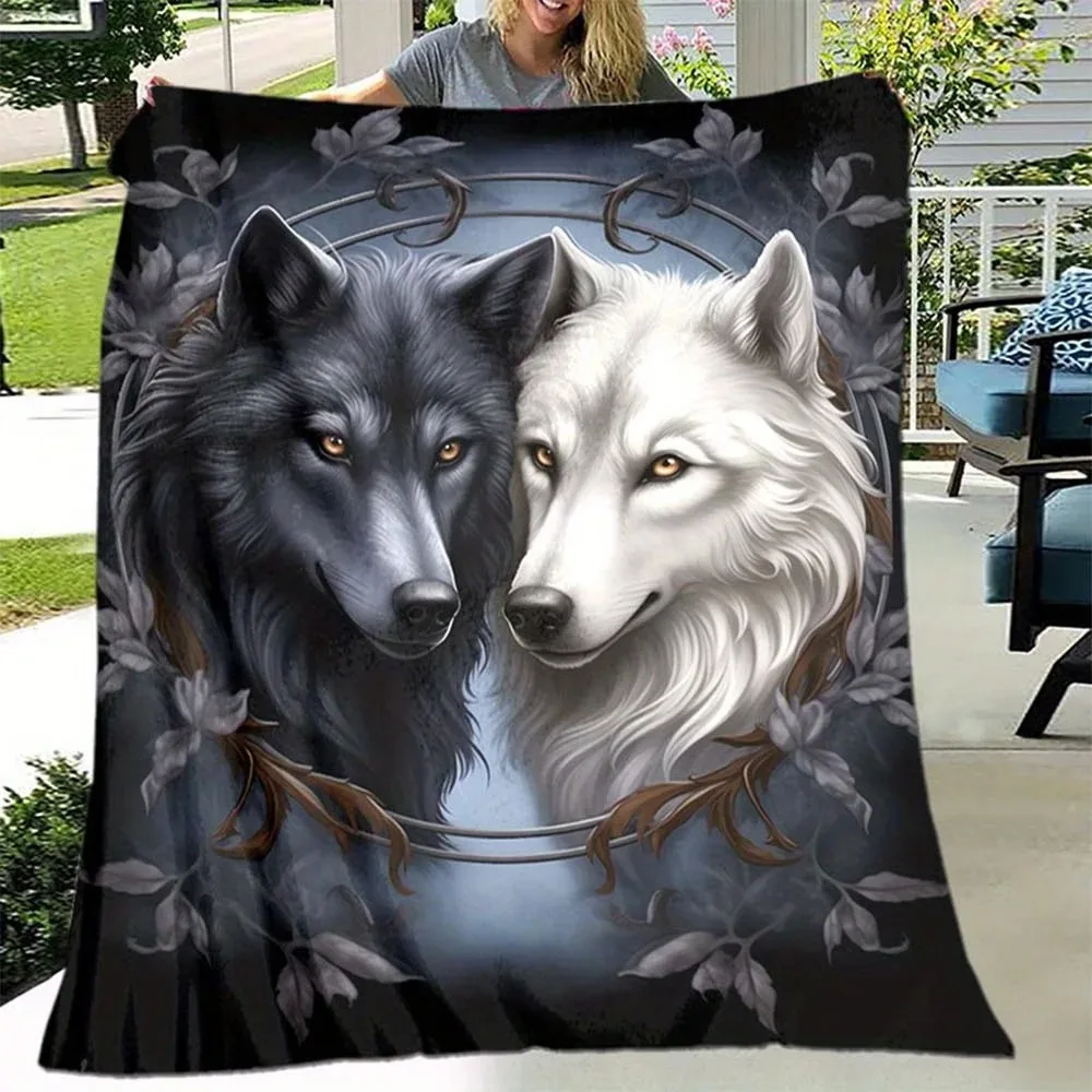 Black White Yin Yang Wolf Blanket - Soft Fleece Wildlife Throw for Couch Bed, Mystical Animal Print Cozy Blanket