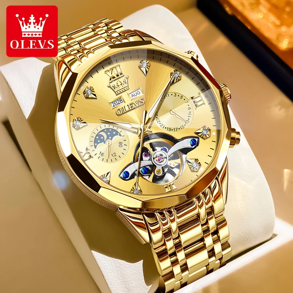 

OLEVS 6621 Luxury Fashion Men Watches Gold Stainless steel Moon Phase Automatic Mechanical Watch Luminous Waterproof Watch