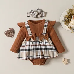 Infant Girls Long Sleeve Ribbed Bowknot Romper Newborn Plaid Bodysuits Dress Headbands Outfits Baby 6 12 Month