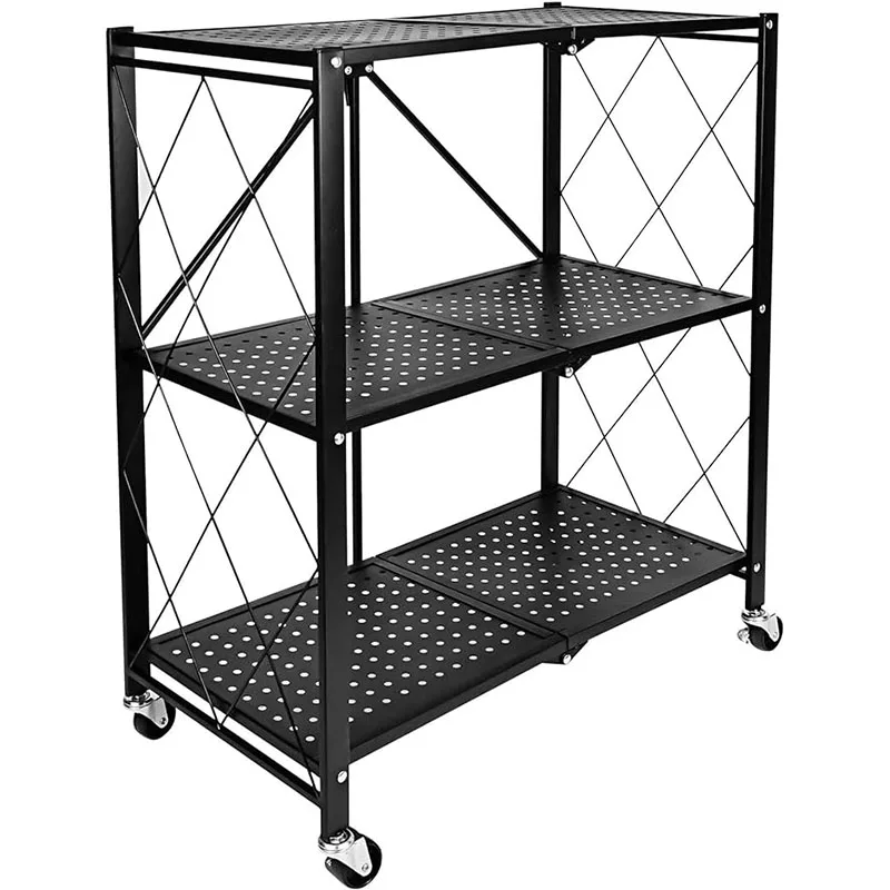 YSSOA 3-Tier Heavy Duty Foldable Metal Rack Storage Shelving Unit with Wheels Moving Easily Organizer Shelves Great for Garage