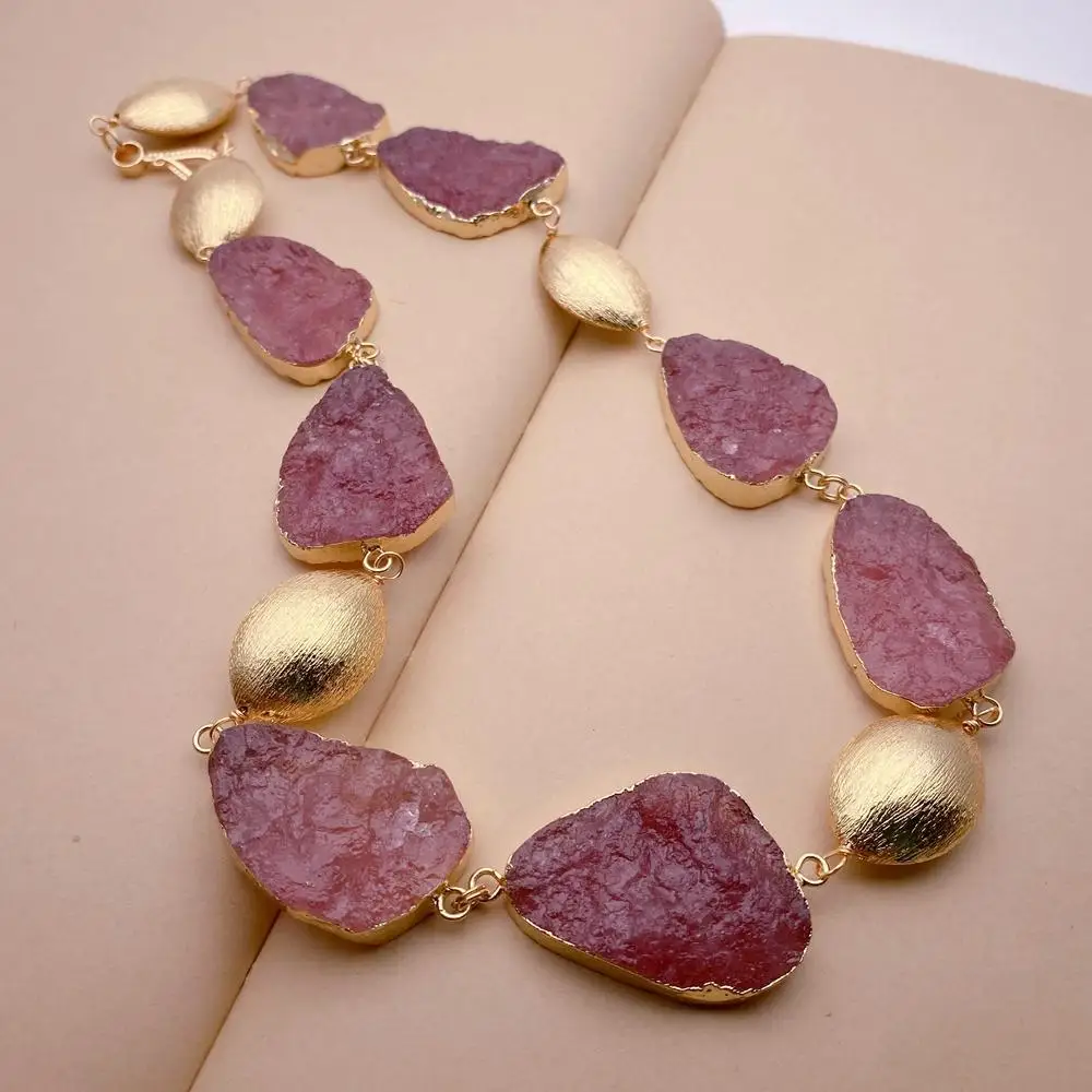 

Y·YING Natural Gemstone Purple Color Necklace Strawberry Quartz Rough Gold Plated Brushed Beads Choker Necklaces