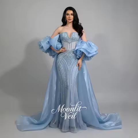 Moisland Customized Luxury Beaded Arabic Blue Evening Dress Detachable Cape Strapless 2026 Women Party Gown