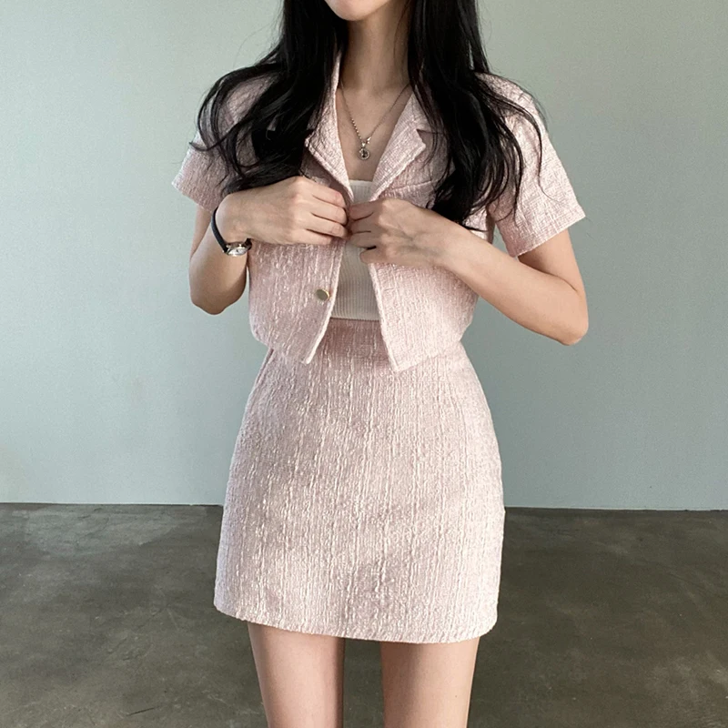 

Korean Chic Summer New Sle ort Coarse Weave Jaet High Waist Wrap around A-Line Skirt Two Piece Set Women's Faion