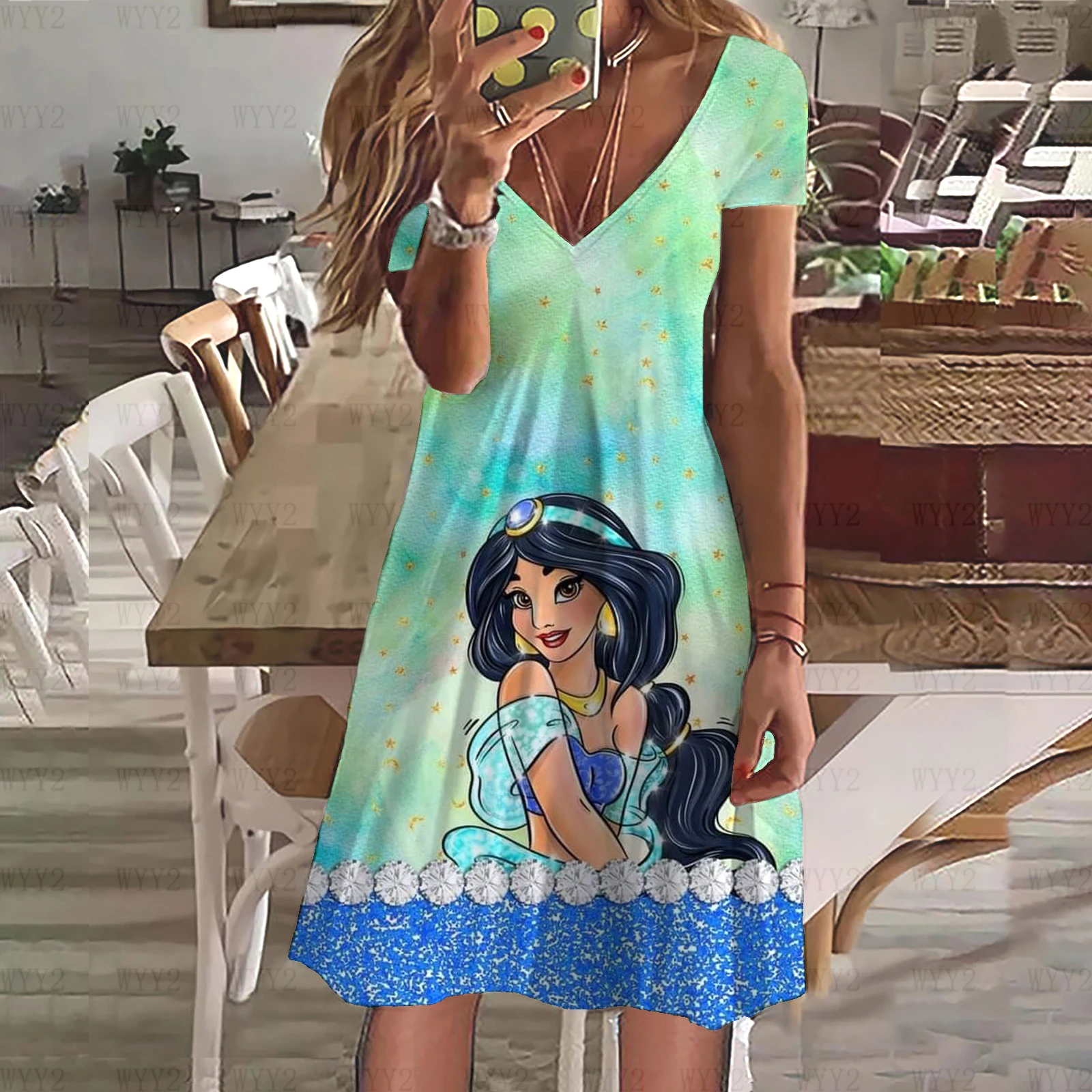 2023 New Disney Princess Casual Pattern Printing Ladies Dress V Neck Short Sleeve Dress Summer Casual Beach Wind Dress