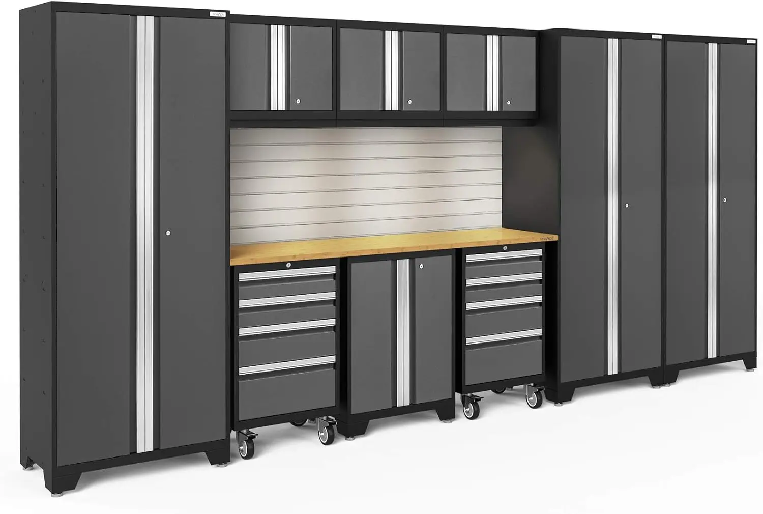 Bold Series Gray 10 Piece Set, Steel Garage Cabinets with Bamboo Worktop