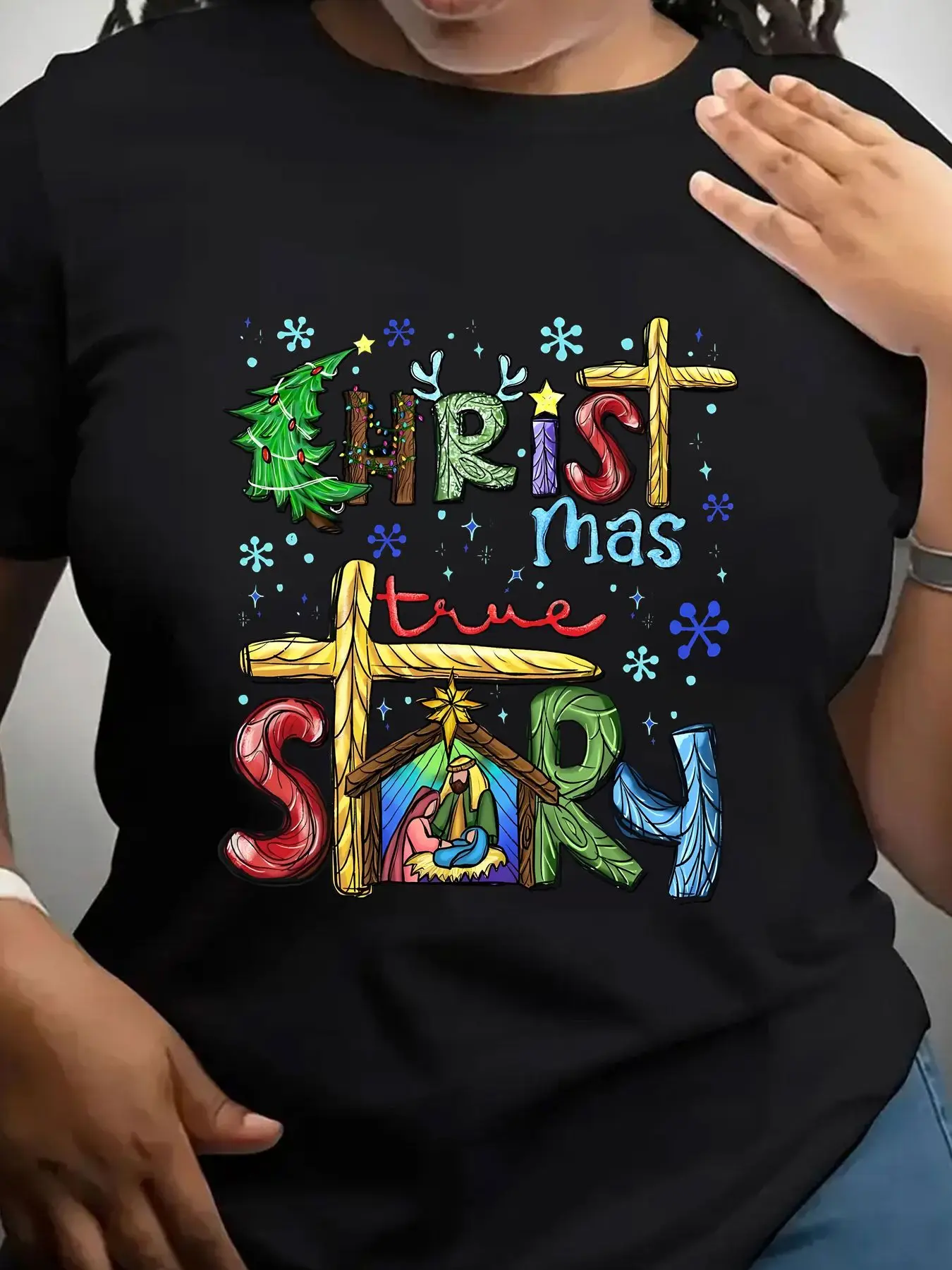 Women's Trendy Crew Neck T-Shirt Christ Mas True Story Design Suitable for Casual Sportswear