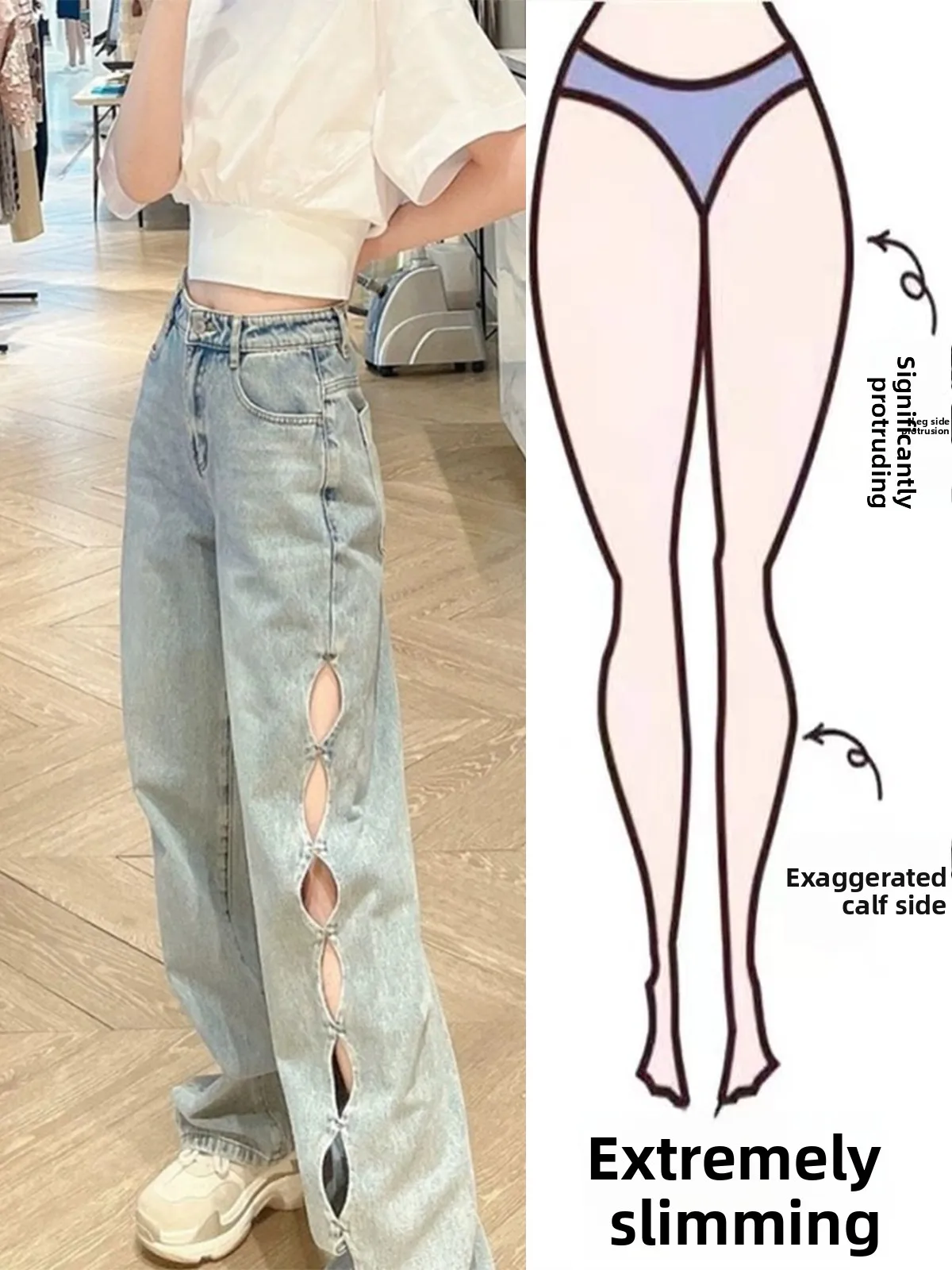 

Женские джинсы с высокой талией и вырезами, свободного кроя, облегающие, летние, 2024, новые, широкие брюки, длинные, из смесового хлопка и полиэстера