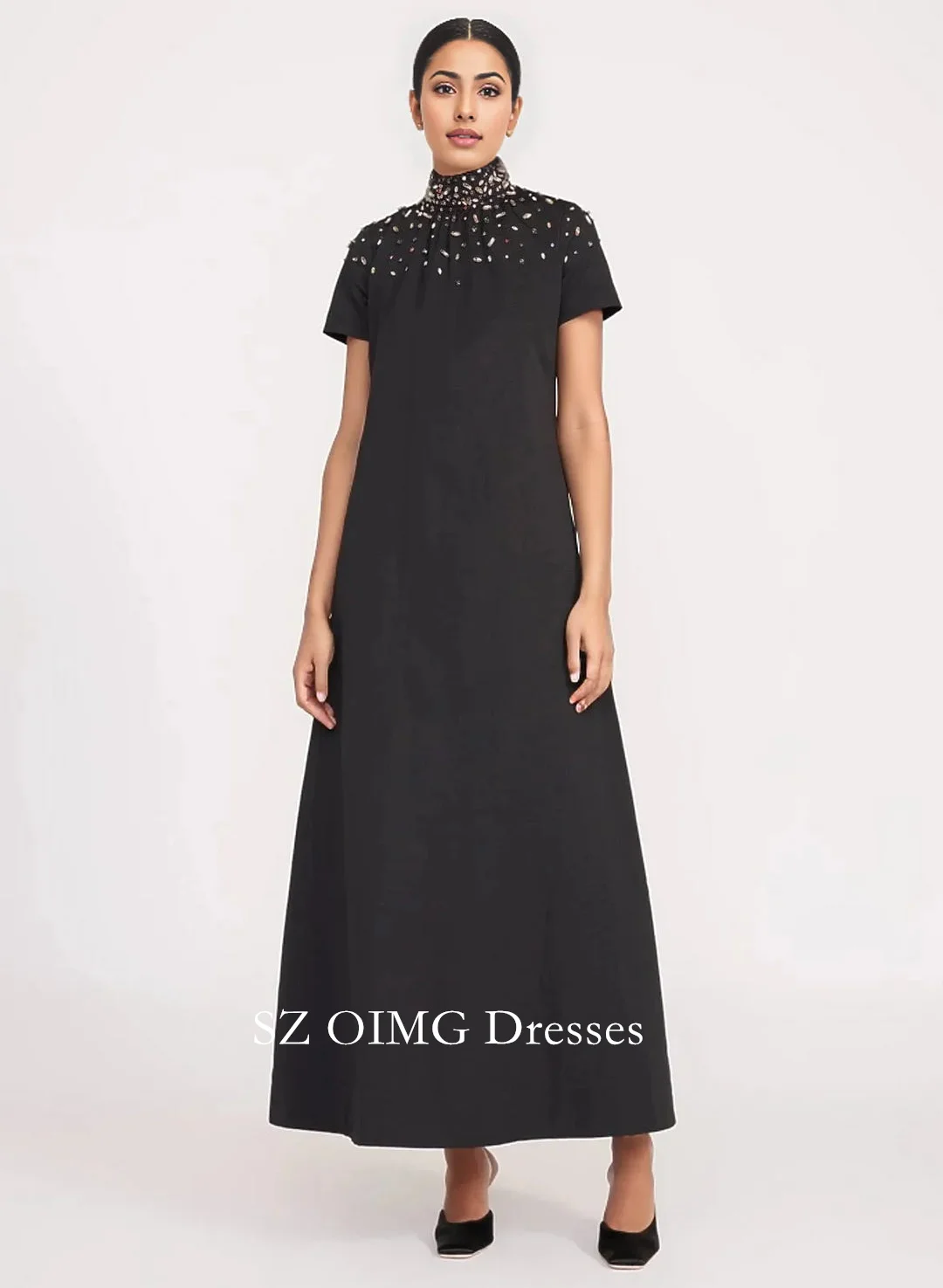 OIMG-vestido de noche de satén crepé con cuello alto, moda personalizada con lentejuelas y diamantes de imitación, vestidos de fiesta de boda negros para mujer 2024