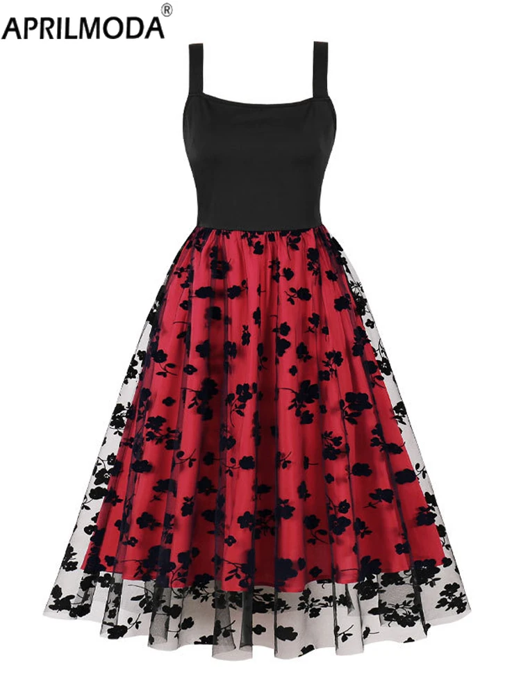 

2025 Square Neck Floral Flocking Pleated Summer Tank Dress 1950s Style Retro Patchwork Fit and Flare Women Long Vintage Dresses