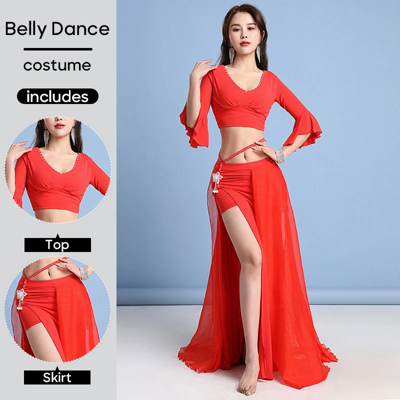 Belly Dance Costume 2 PCS Set Top And Skirt Wear Outfit for Adult Women Stage Performance Wearing Suit Costumes Practice Clothes