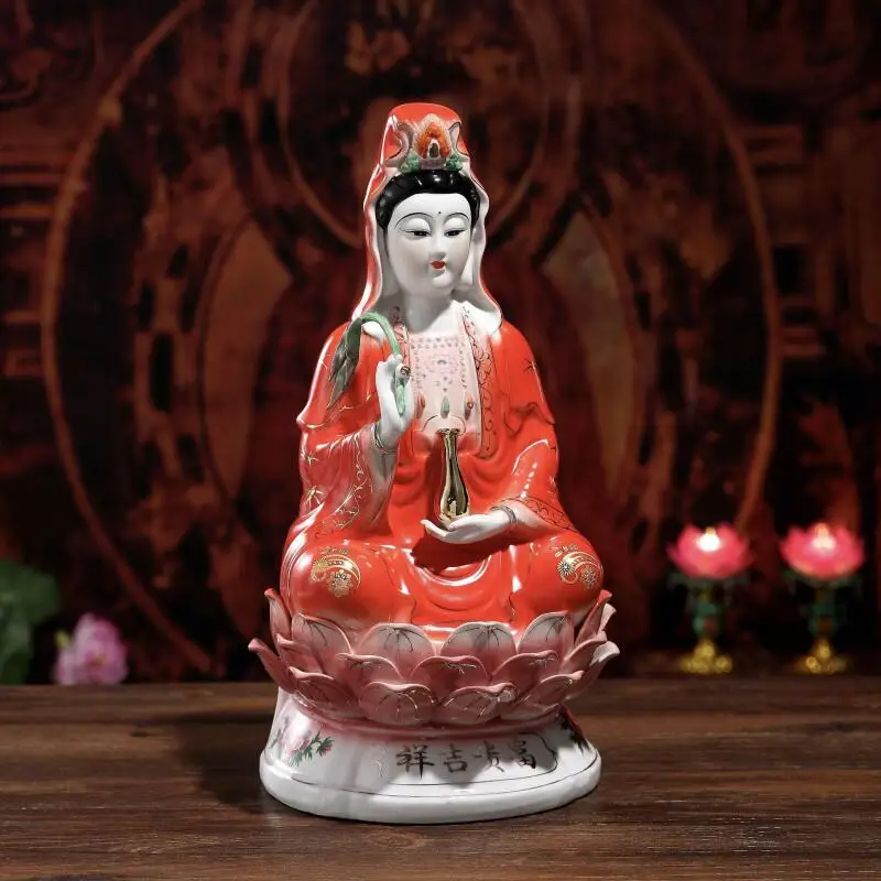 Chinese exquisite ceramic red clad Guanyin Bodhisattva sitting on lotus nanhai Guanyin statue home temple ornament handicraft