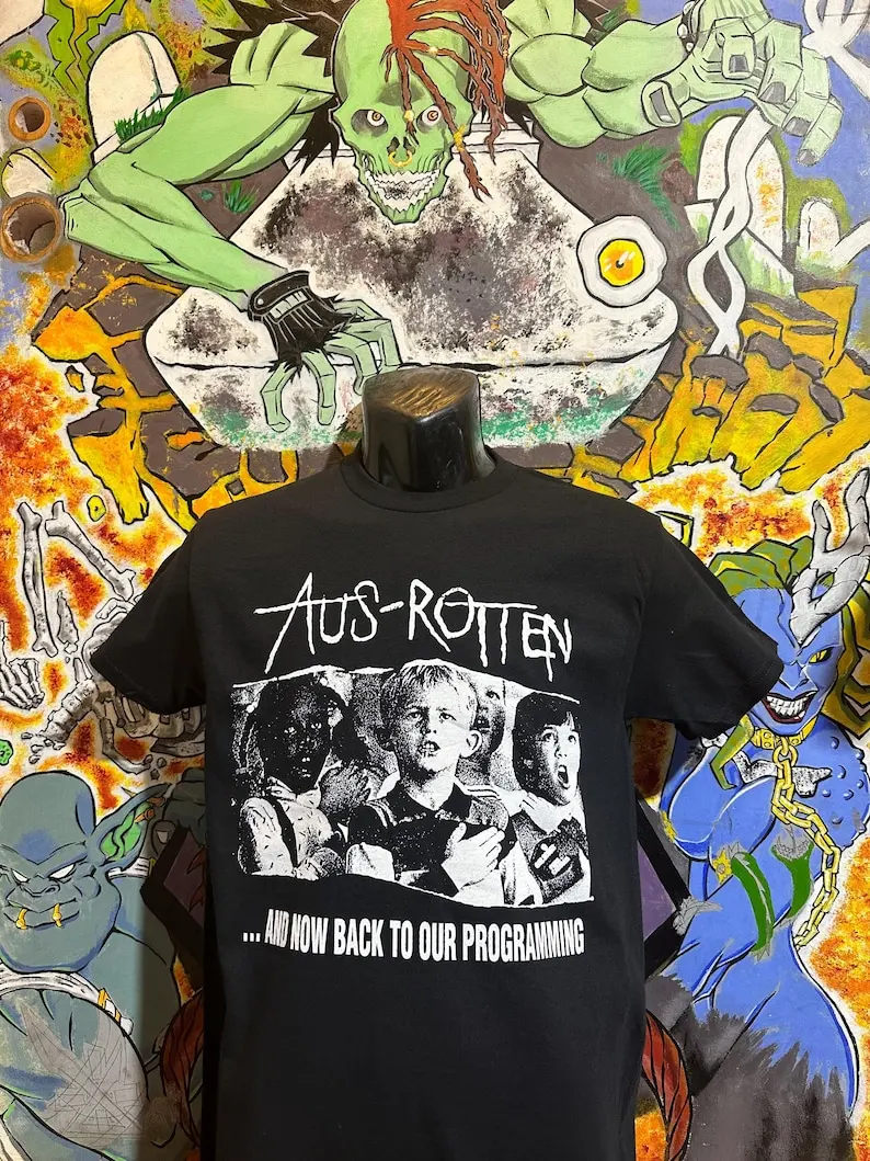 

Aus Rotten "And Now Back to Our Programming" Shirt Leftover Crack Subhumans MDC Dead Kennedys Crust Punk OI