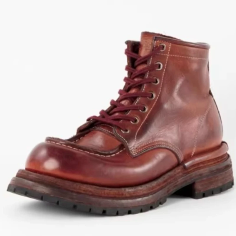 

Ретро-желтые ботинки для мужчин на толстой подошве, увеличивающие рост, из мытой воловьей кожи ручной работы, мотоциклетные ботинки