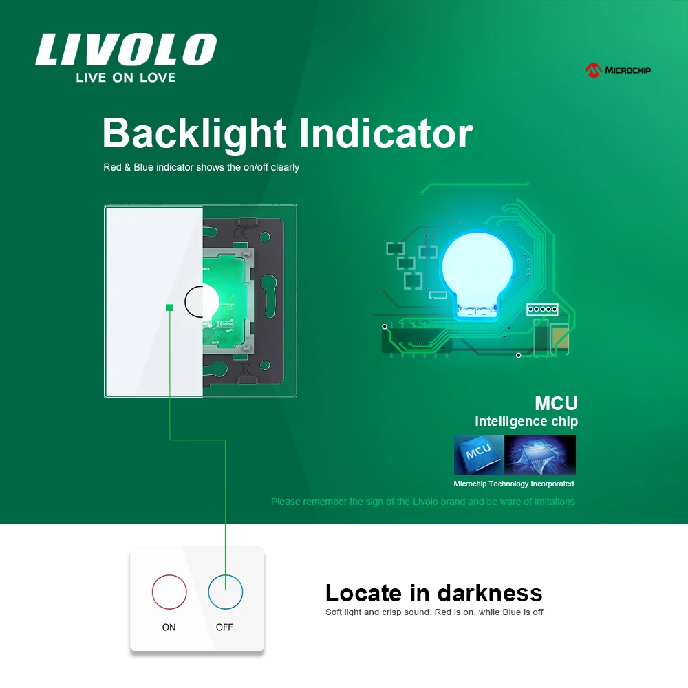 Livolo EU Standard 2 Gang 2Way Wall Touch Control Light Switch,Crystal Glass Panel,Cross Stair Function,Backlight Display C702S