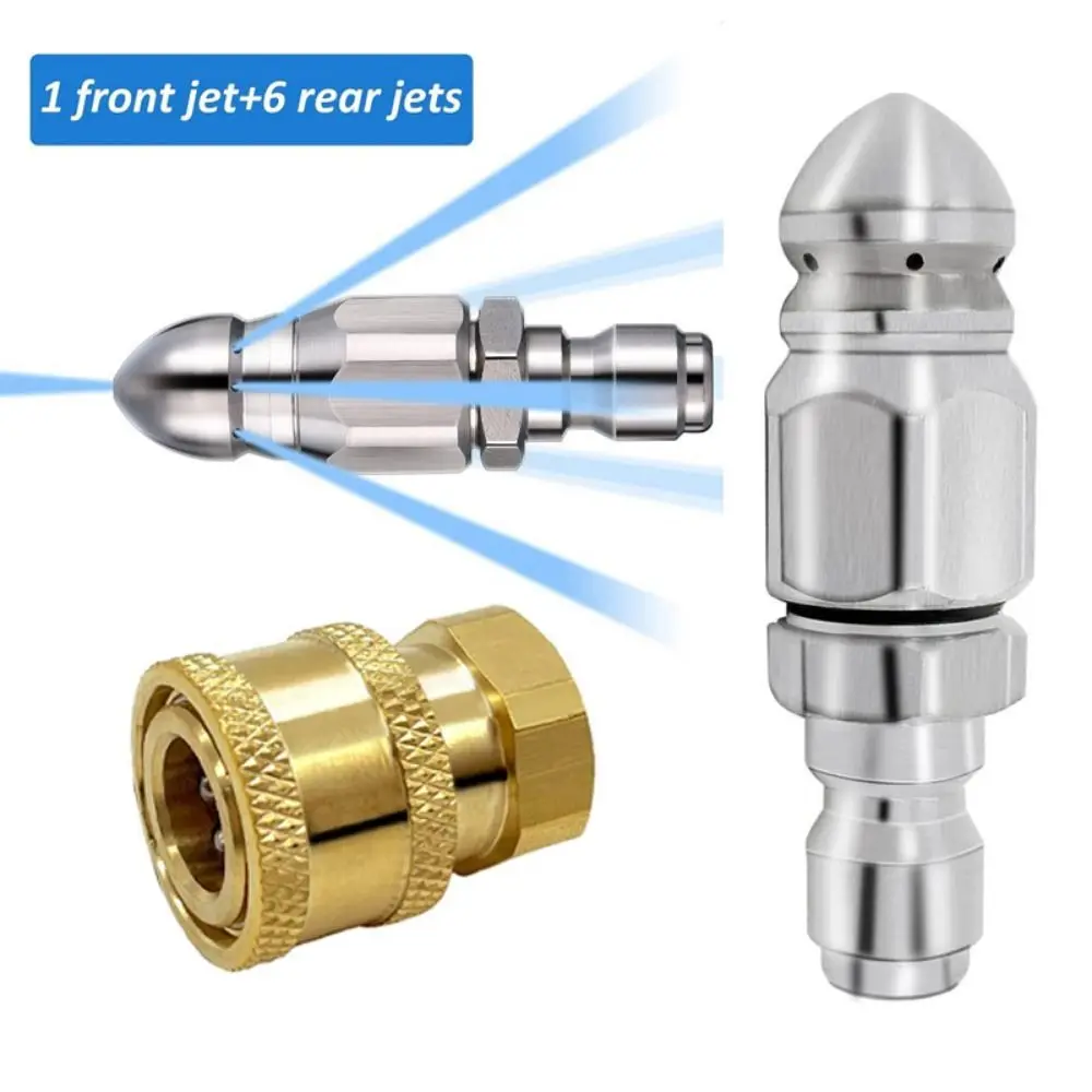 Stainless Steel + Brass Pressure Washer Jetter Nozzle 1 Forward Jet + 6 Rear Jets 1/4'' Quick Connect Sewer Jetter Nozzle